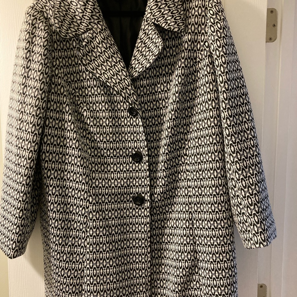 Black and white tweed dress coat